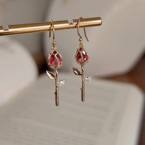 Red Rose Dangle Earrings: Gold Floral Earrings