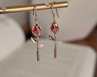 Red Rose Dangle Earrings: Gold Floral Earrings