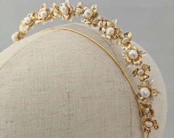 Bandeau de mariage floral or et perle, couronne de mariée or et perle, diadème de mariée floral, chapeaux de mariée, couronne de mariée, bandeau de mariée