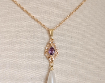 Purple Pearl Drop Necklace, Gold Teardrop Pendant, Vintage Bridal Jewelry,