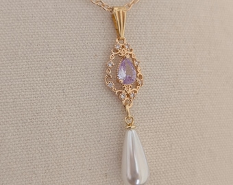 Lilac Crystal Pearl Drop Necklace, Gold Teardrop Pendant, Vintage Bridal Jewelry,