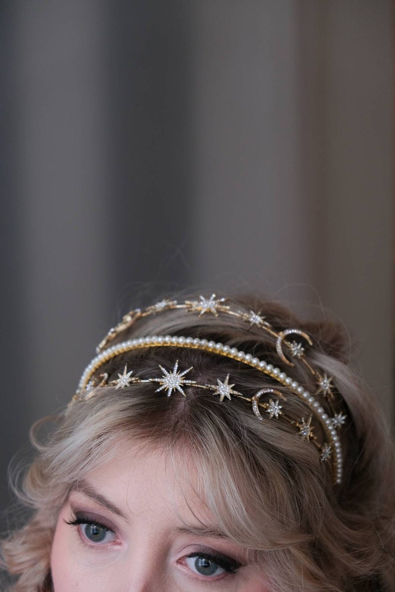 Celestial star headband, Pearl gold Headband, bridal headband, bridal accessories, wedding headpiece, gold tiara, celestial headpiece, image 1