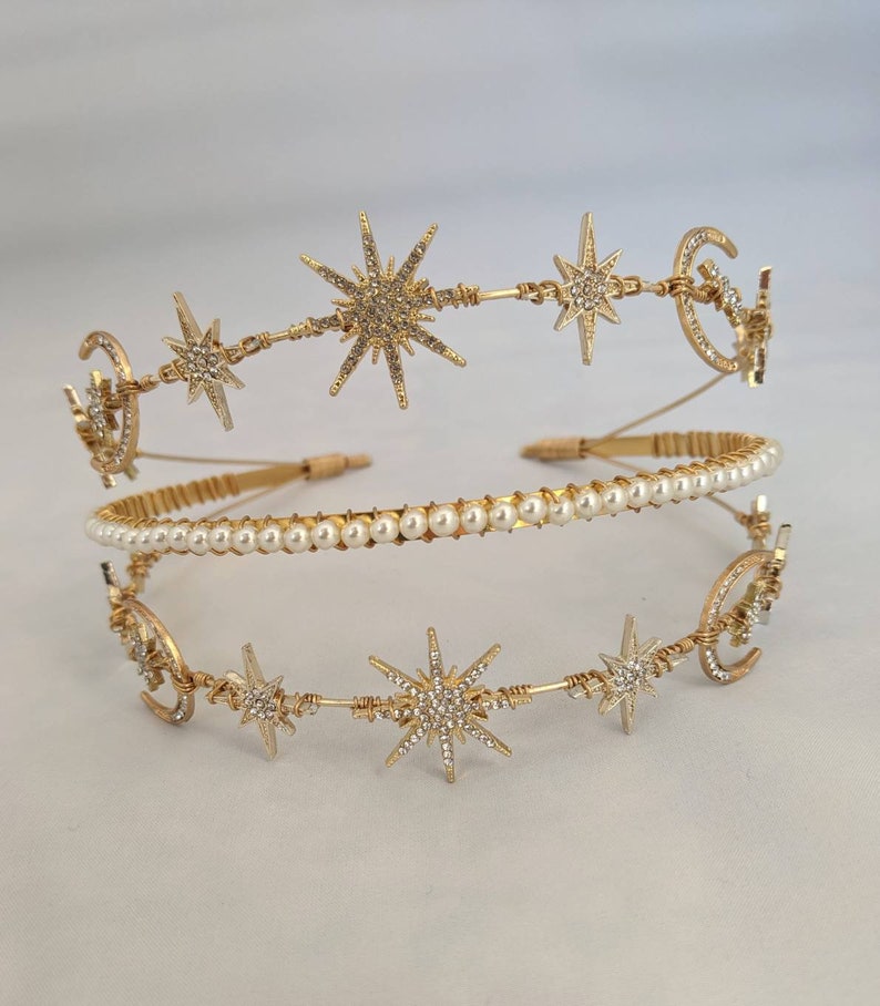 Celestial star headband, Pearl gold Headband, bridal headband, bridal accessories, wedding headpiece, gold tiara, celestial headpiece, image 7