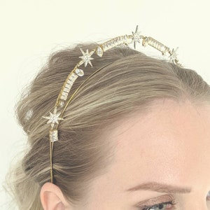 Gold and Crystal Star Bridal Headband, Gold Bridal Halo Headband, Celestial Night Sky Crown, Cosplay Crown, Celestial Headband, Bridal Tiara image 6