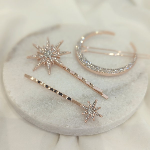 Rose Gold star hair pins for brides, celestial theme hair clips for bridesmaids, rhinestone hair pins, star and moon hair clips