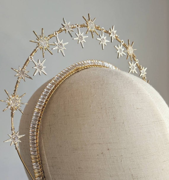 Halo Crown Moon Stars Goddess Crown Halo Headband Bridal Headpiece Tiara Boho Wedding Accessory