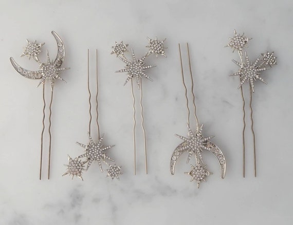 Silver Star Chain Celestial Hairpin Set of 3 Crystal Cosmic Star Galaxy Hair Pins-vintage Art  main image 3