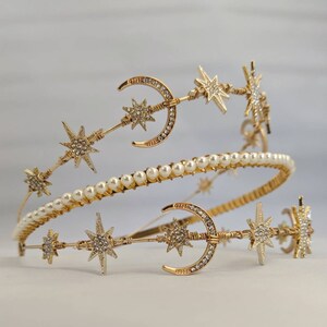Celestial star headband, Pearl gold Headband, bridal headband, bridal accessories, wedding headpiece, gold tiara, celestial headpiece, image 8