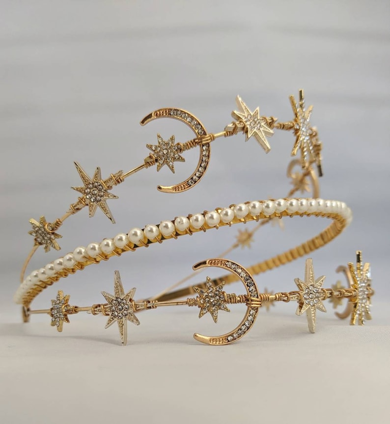 Celestial star headband, Pearl gold Headband, bridal headband, bridal accessories, wedding headpiece, gold tiara, celestial headpiece, image 8