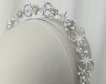 Silver Bridal Headband, Celestial Gold Bridal Crown, Romantic Bridal Tiara, Celestial Bridal Hair, Stars and Moon Headband, Bride