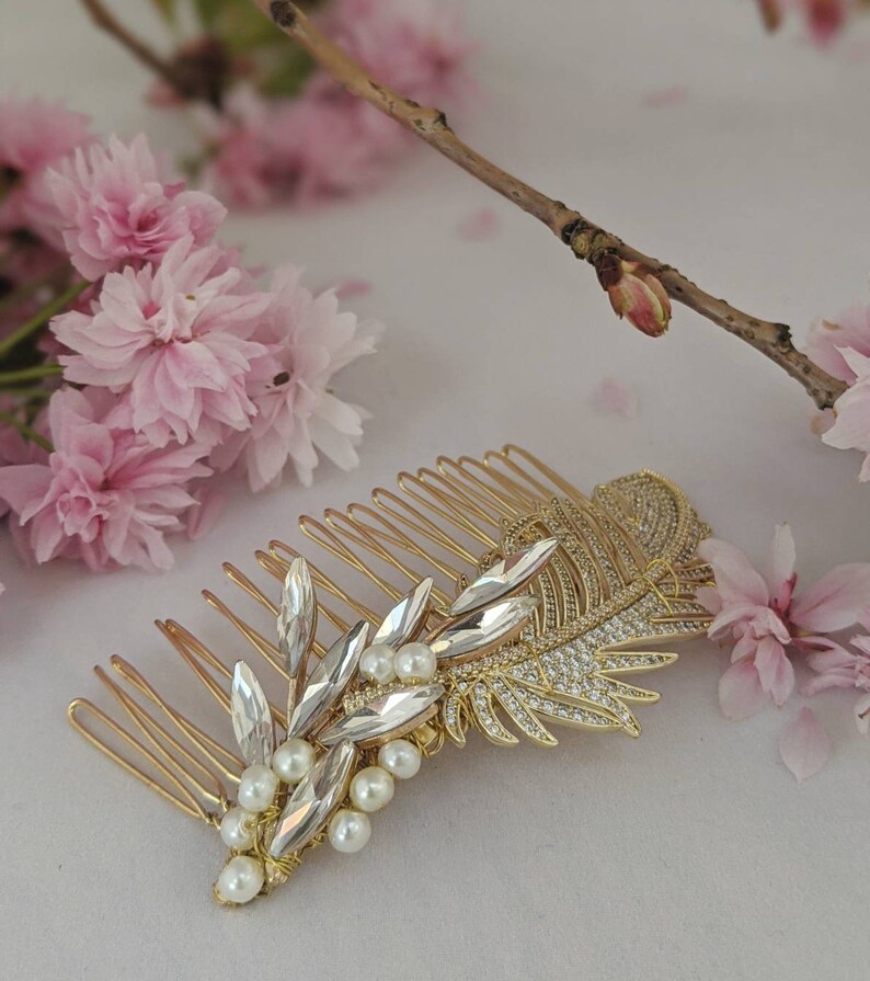 Gold Feather Bridal Hair Comb Gold Bridal Hair Comb Etsy
