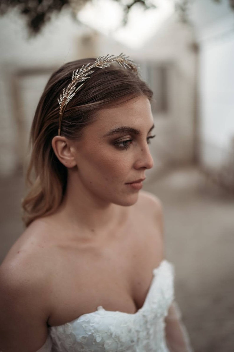 Gold and Crystal Bridal Headband, Gold Bridal Halo Headband, Gold Bridal Crown, Bridal Halo Headband, Bridal Hair Accessories, Bridal Hair image 1