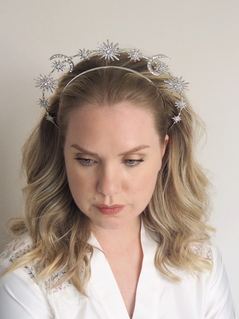 Silver Bridal Galaxy Halo Tiara, Celestial Crown, Wedding Headband, Stars and Moon Headpiece, Hand Made In the uk image 4