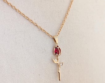 Dainty Red Rose Crystal Necklace, Gold Floral Pendant