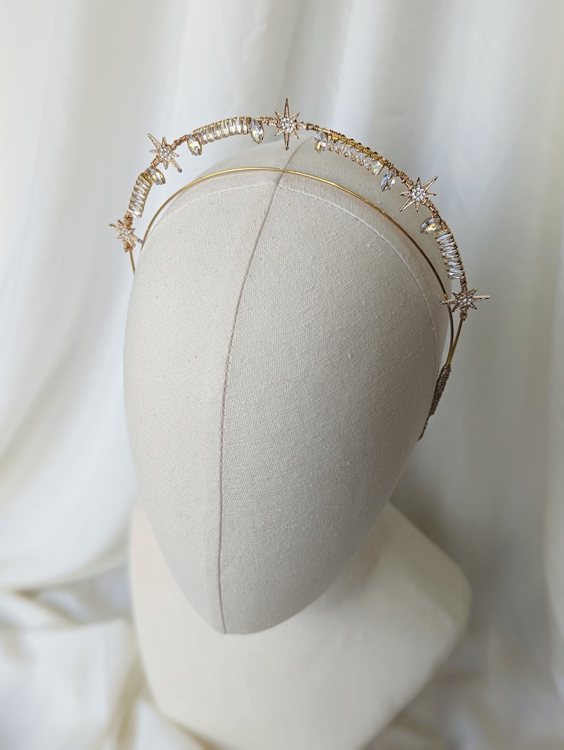 Gold and Crystal Star Bridal Headband, Gold Bridal Halo Headband, Celestial Night Sky Crown, Cosplay Crown, Celestial Headband, Bridal Tiara image 9