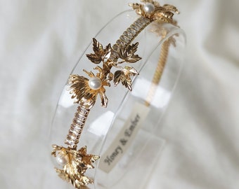 Gold Crystal Bridal Headband, floral Headband, Pearl Tiara, Autumnal Headpiece,