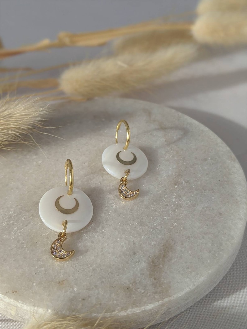 Celestial Earrings, celestial jewellery, Gold Moon Earrings, Shell Earrings, Crescent Moon Earrings, Boho Bridal Accessories, Boho Wedding image 3