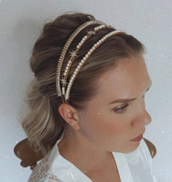 Pearl & Crystal Bridal Headband Trio: Gold Wedding Headpiece  display picture 1