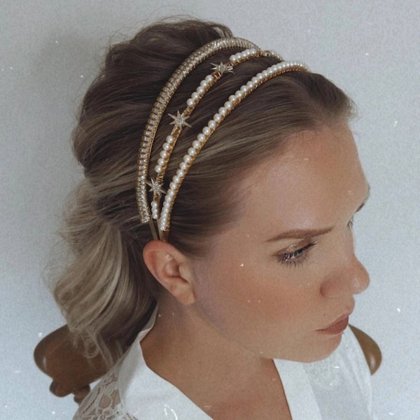 Gold pearl crystal bridal headband, lux bridal headband, pearl headband, bridal accessories, bridesmaids headbands, cosplay headbands, bride
