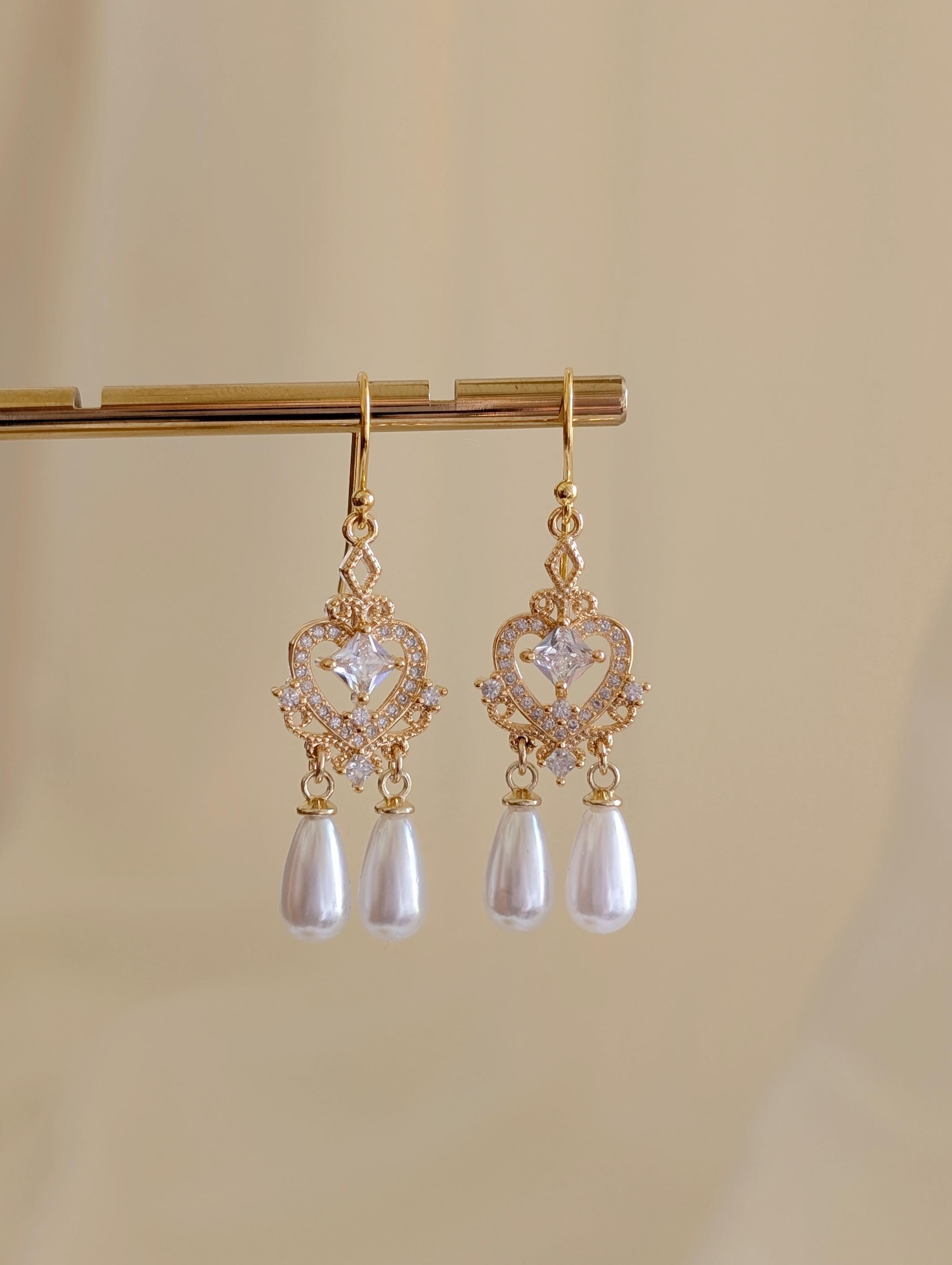 Romantic Pearl Drop Earrings, Vintage Heart Crystal Bridal Jewelry, Gold Dangle Wedding Earrings, Bridesmaid Pearl Earrings