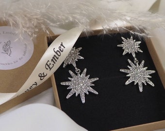 Silver crystal star earrings, silver bridal earrings, wedding earrings for brides, crystal jewellery, celestial earrings, drop earrings,