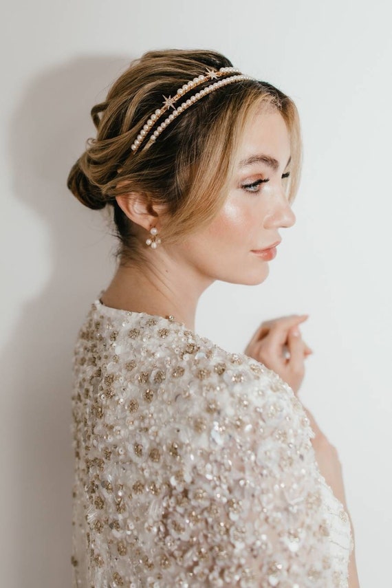 Star Pearl Rhinestone Headband Star Pearl Headband - Celestial Girl Costume - Wedding Ivory  main image 3