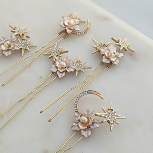 Gold bridal hair pins, celestial hair pins, celestial hair Accessories, freshwater pearl bridal hair pins, gold crystal hair pins, star pins image 7