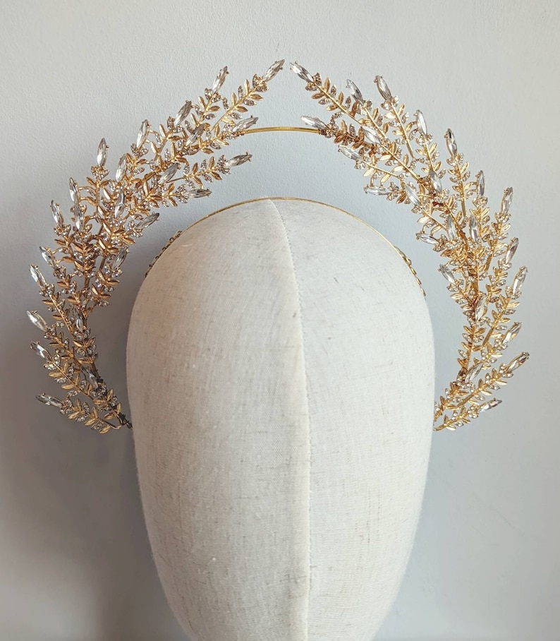 Gold bridal hair accessories, crystal halo headband, goddess headpiece, gold crystal Tiara, wedding headpiece, gold crown, halo headband, image 1