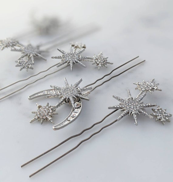 Silver Celestial Bridal Hairpins, Silver Stars and Moon  display picture 3