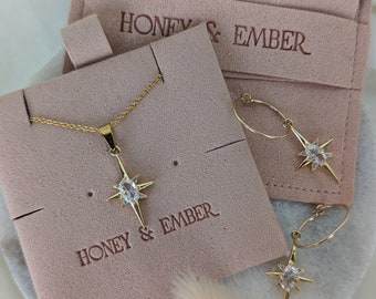 Gold crystal necklace and earring set, crystal star earrings, crystal star necklace, celestial jewellery, gold star drop earrings,