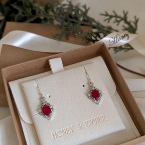 Vintage Ruby Drop Earrings • Silver Filigree Red Jewelry