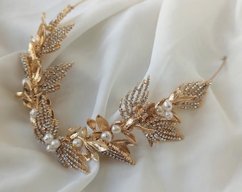 Gold Leaf Bridal Crown: Pearl Crystal Wedding Hair Piece