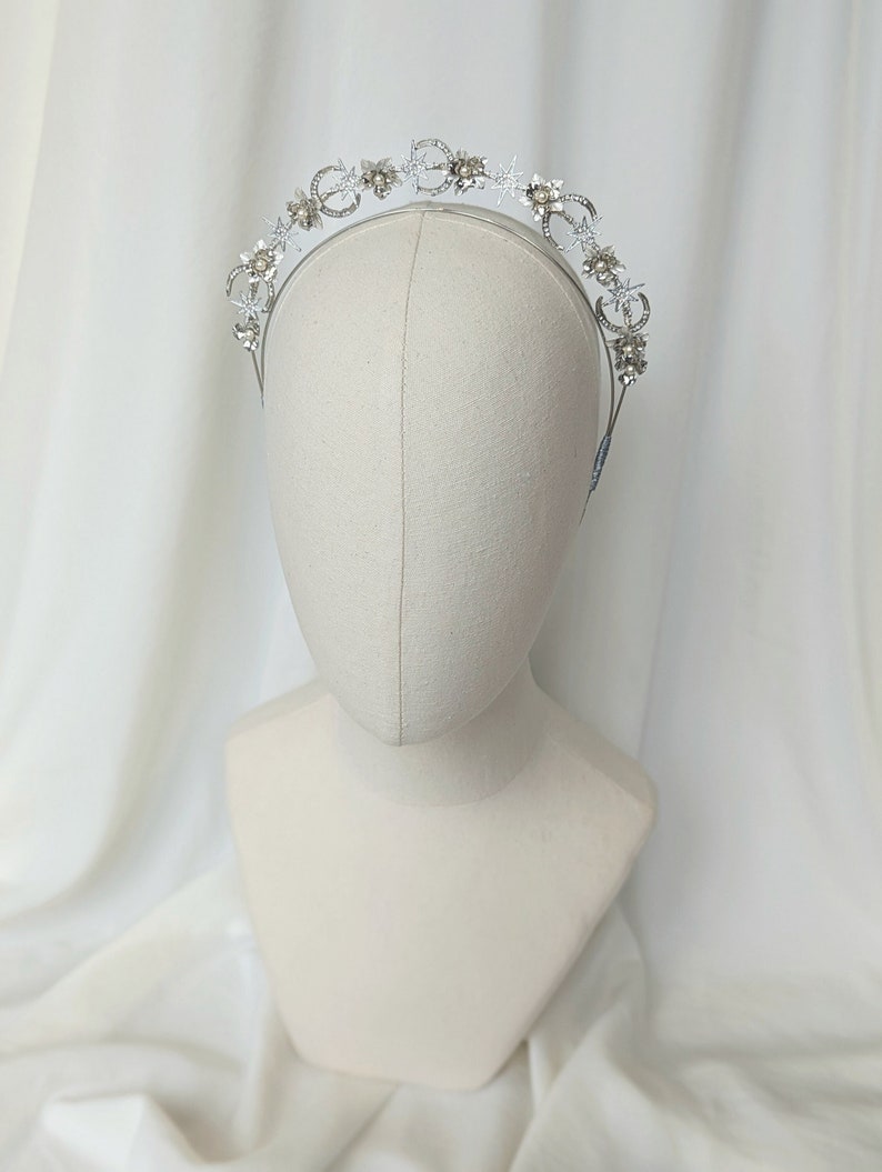 Stars Moon Flower Bridal Headband, Celestial Gold Bridal Crown, Romantic Bridal Tiara, Celestial Bridal Hair, Stars and Moon Headband, Bride image 2