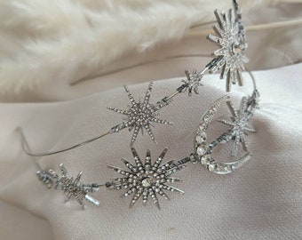 Silver Celestial Bridal Headband, Silver Stars and Moon Headband, Silver Celestial Bridal Crown, Silver Bridal Headband, Bridal Headpiece