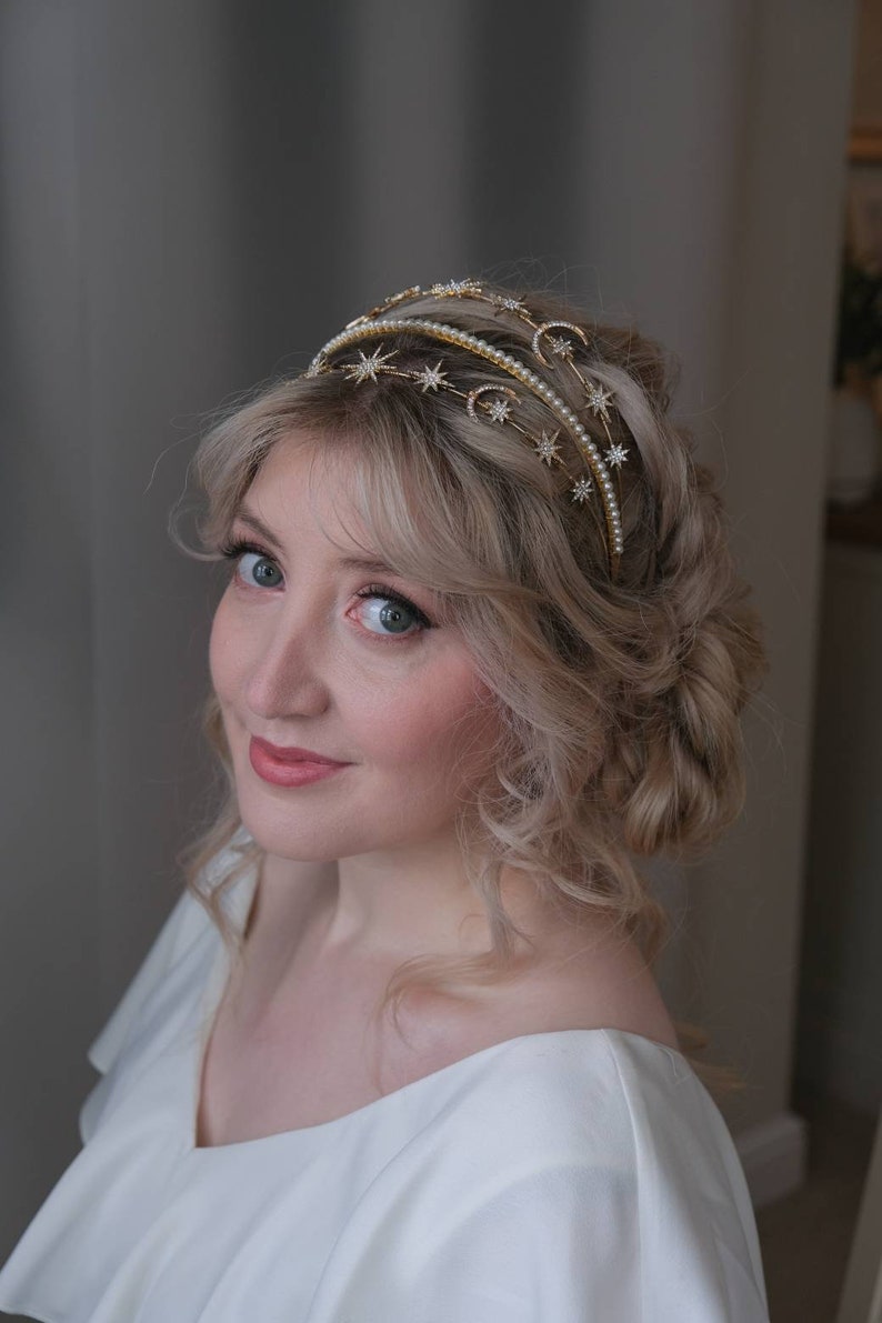 Celestial star headband, Pearl gold Headband, bridal headband, bridal accessories, wedding headpiece, gold tiara, celestial headpiece, image 3