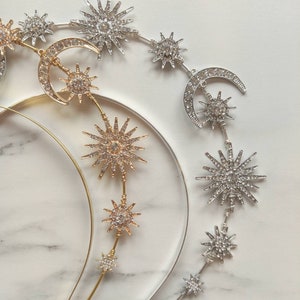 Celestial Gold Halo Tiara, Galaxy Stars and Moon Bridal Crown, Gold Bridal Halo Headband, Hand Made In The UK. image 10