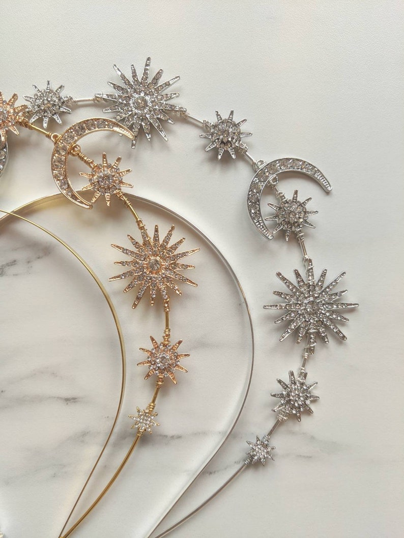Celestial Gold Halo Tiara, Galaxy Stars and Moon Bridal Crown, Gold Bridal Halo Headband, Hand Made In The UK. image 10