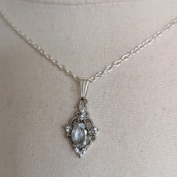 Vintage Light Blue Pendant Necklace • Silver Filigree Oval