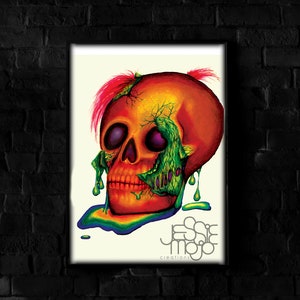Print of original watercolor painting - neon zombie skull