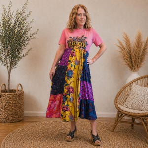 Fleetwood Mac Kleid Small Medium Upcycled Band T-Shirt Maxi Boho Patchwork Hippie Kleidung