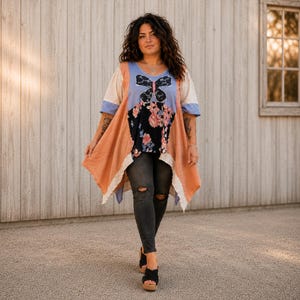 Butterfly Patchwork Tunic Top Plus Size Upcycled Lagenlook Blouse Boho Hippie Art Shirt Romantic Cottagecore Festival Top 1X 2X
