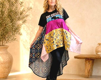 T-shirt avec bande recyclé, robe t-shirt tunique en patchwork bohème, vêtements faits main, tenue de festival avant-gardiste, Jimi Hendrix Hi-Low Small Medium Women