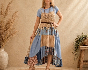 Abito boho patchwork riciclato, prendisole taglie forti Lagenlook, grembiule artistico, capo unico