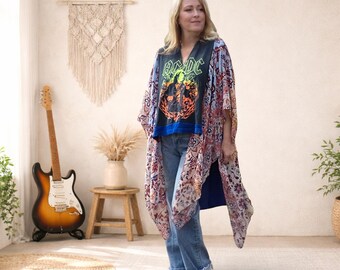 Tunica Kimono riciclata, poncho con t-shirt ACDC, pullover con band retrò boho, abbigliamento per festival musicali