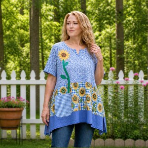 Sunflower Tunic 1X 2X, Upcycled Patchwork Top with Pocket, Wearable Art Applique T-Shirt, Plus Size Cottagecore Colorful Clothing