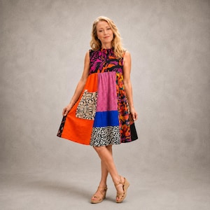 Abito patchwork tropicale taglie forti 1X 2X Abito artistico indossabile Abito colorato con tasche Abbigliamento da resort Lagenlook