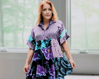 Purple Linen Blouse, Upcycled for Women, Teal Tie Dye Top, Refashioned Clothing, Creative Unique, Ladies Fit n Flare, 1X to XL UnAverageRags