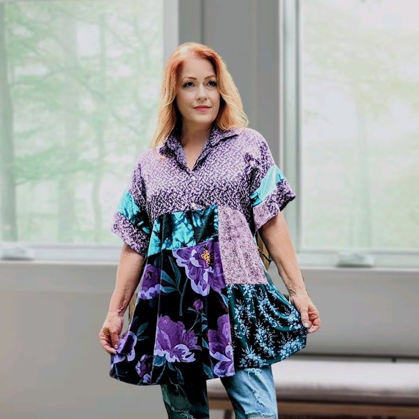 Purple Linen Blouse, Upcycled for Women, Teal Tie Dye Top, Refashioned Clothing, Creative Unique, Ladies Fit n Flare, 1X to XL UnAverageRags