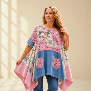 Upcycled Shabby Chic Tunic 1X 2X, Vintage Patchwork Lagenlook Top, Cottagecore Floral Denim, Plus Size Wearable Art Clothes