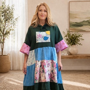 Cottagecore 3X Tunic, Upcycled Bird Floral Patchwork Hoodie, Plus Size Babydoll, Oversized Dress